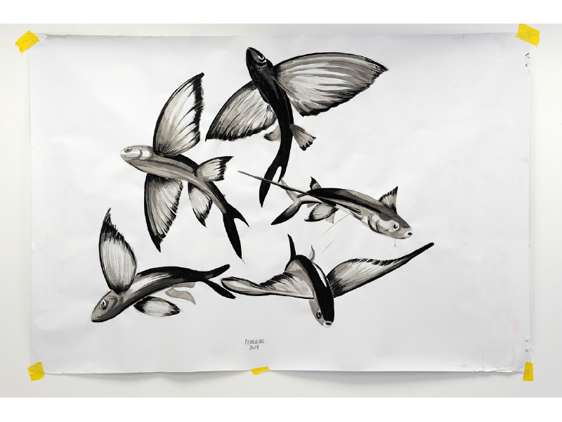 young man side profile having beard trimmed with scissors